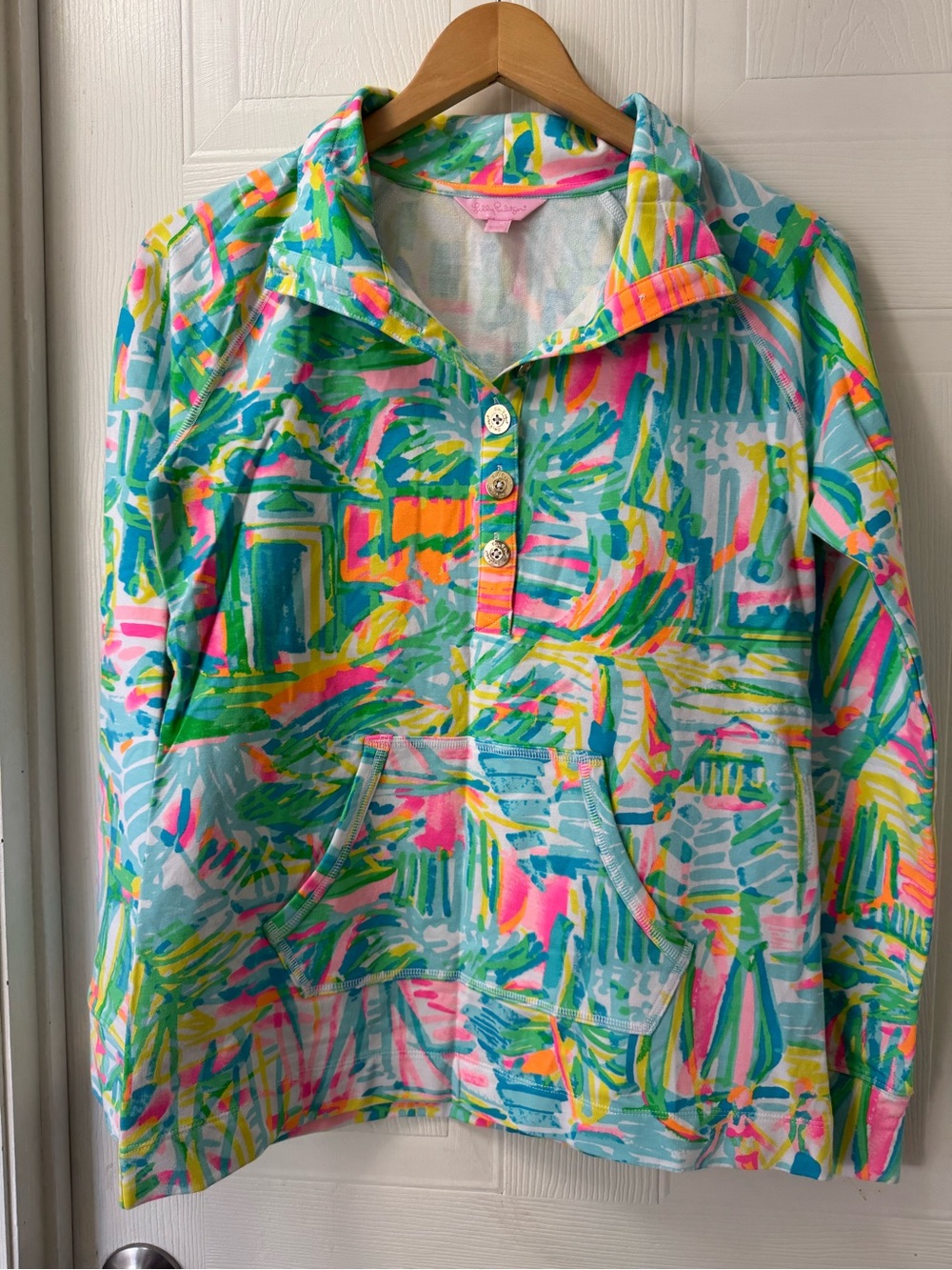 Colorful Abstract Print Pullover Sweatshirt - Mint, Pink, Yellow & Blue